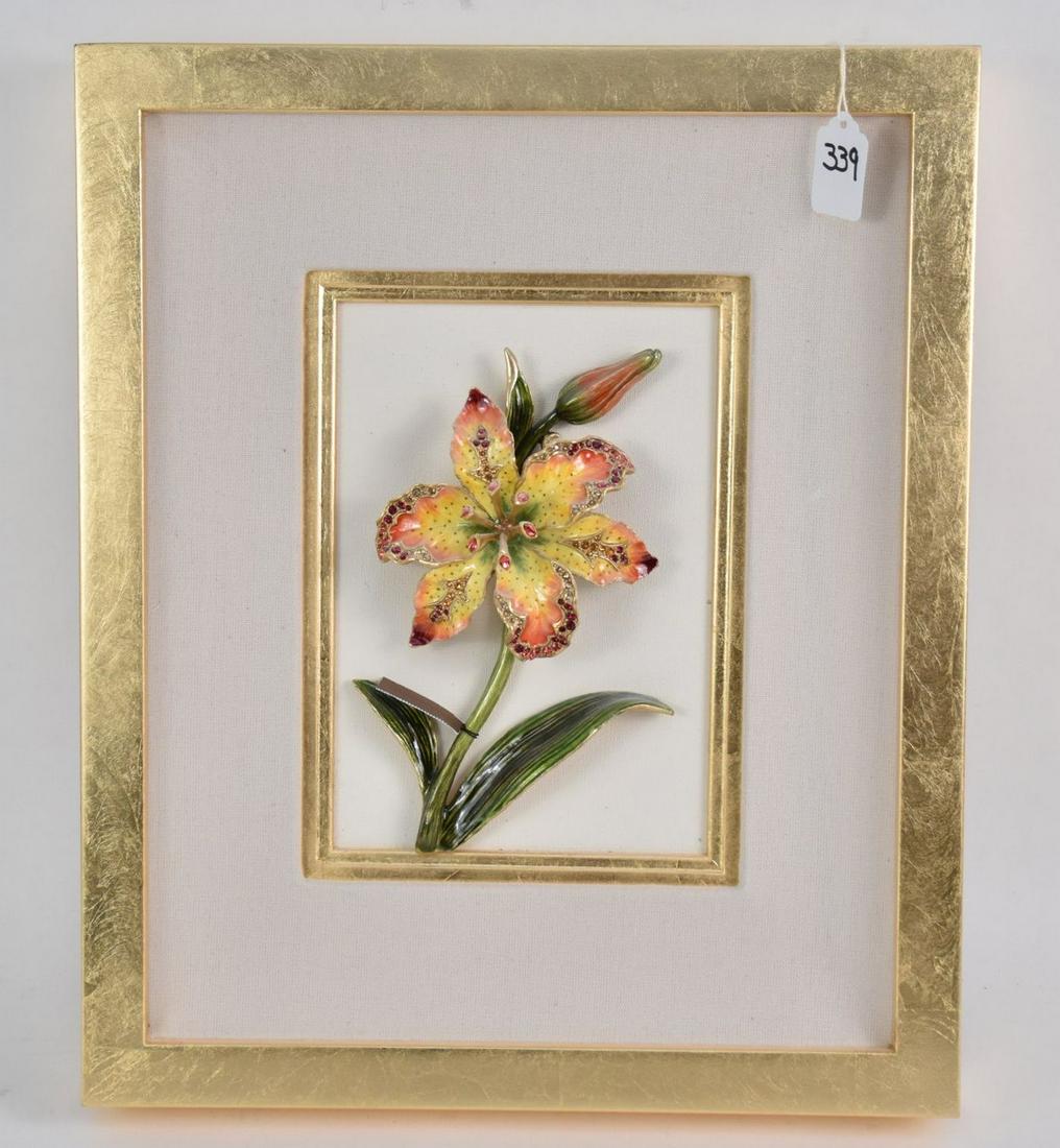 Jay Strongwater Lilly Enameled Bronze & Swarovski: Jay Strongwater Lilly Enameled Bronze & Swarovski Crystal in giltwood frame. 18" x 15" with original box.