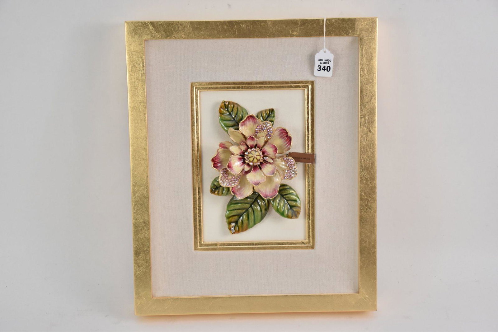 Jay Strongwater Magnolia Enameled Bronze & Swarovski: Jay Strongwater Magnolia Enameled Bronze & Swarovski Crystal in giltwood frame. 18" x 15" with original box.