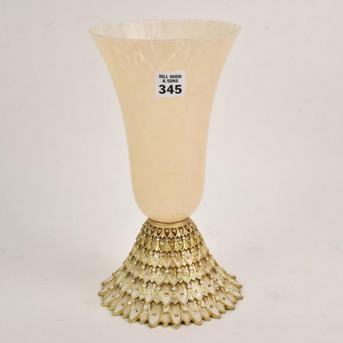 Jay Strongwater Feather Vase enameled bronze base with: Jay Strongwater Feather Vase enameled bronze base with art glass top. Ht. 9” With original box