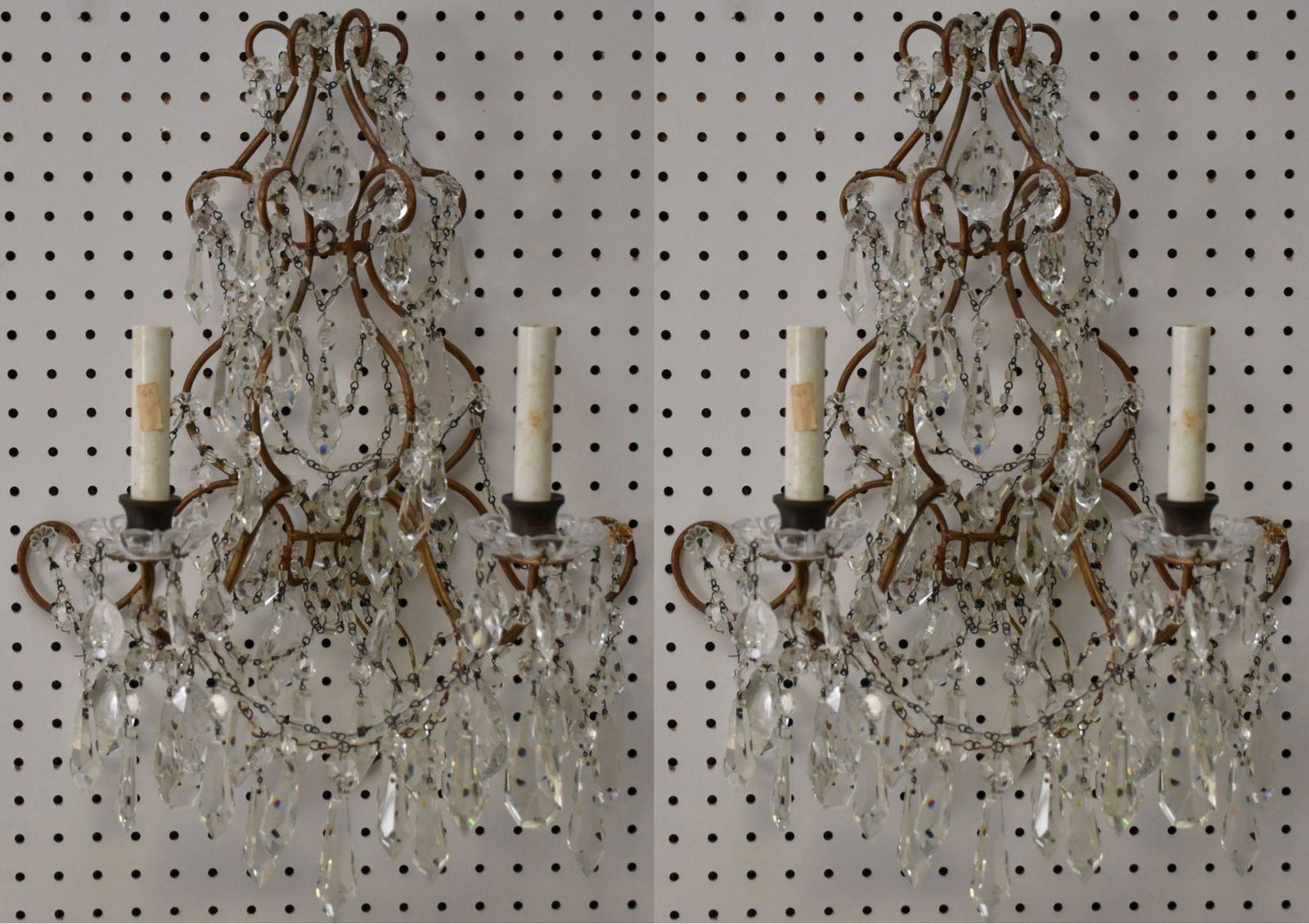 Pair 2 Light Gilt Metal & Crystal Sconces. Ht. 16” (1 of 9)