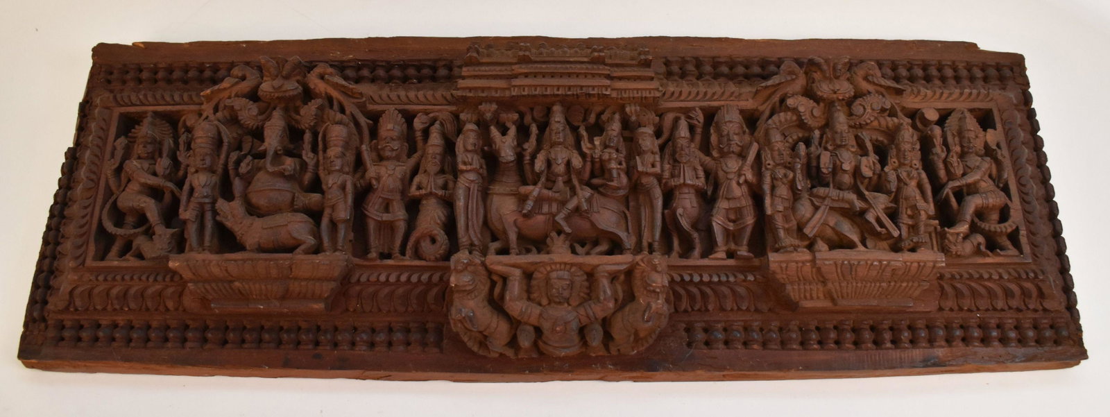 Indonesian Carved Wood Temple Plaque: Indonesian Heavily Carved Wood Temple Plaque, 9 1/2"h x 27"w
