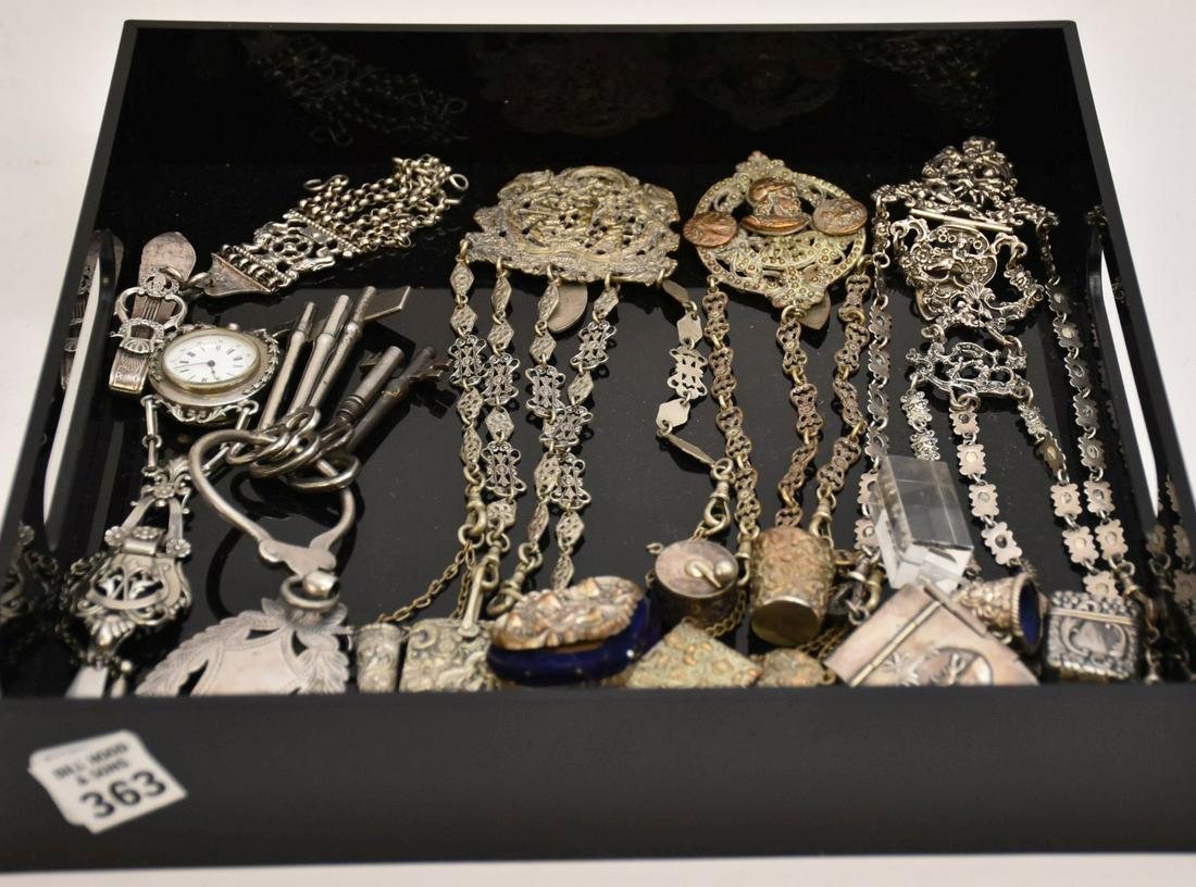 6 Silver & Silver Plate Chatelaines, 19th c, longest (1 of 6)