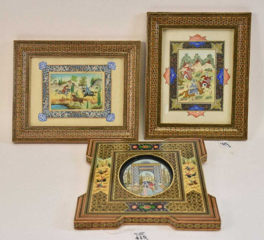 3 Persian Paintings On Bone each with inlaid frame.: 3 Persian Paintings On Bone each with inlaid frame. Single 13” x 11” including frame. Pair 10” x 12” including frames.