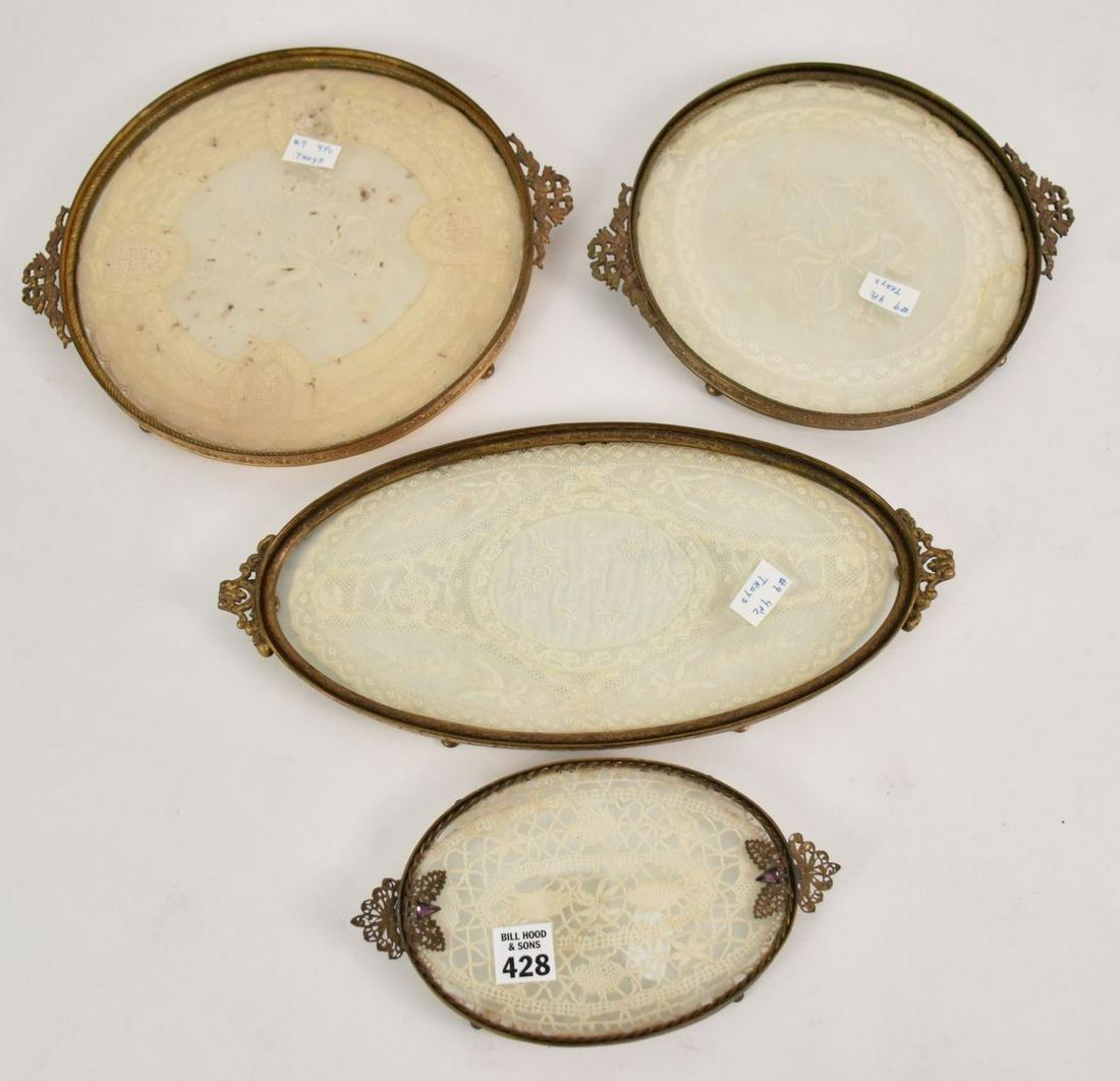 4 Vintage Brass with Glass Trays, Inserted Tatting, (1 of 6)