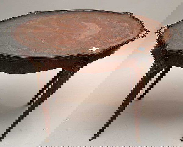 Small inlaid French style table w/ glass tray lift: Small inlaid French style table w/ glass tray lift off top