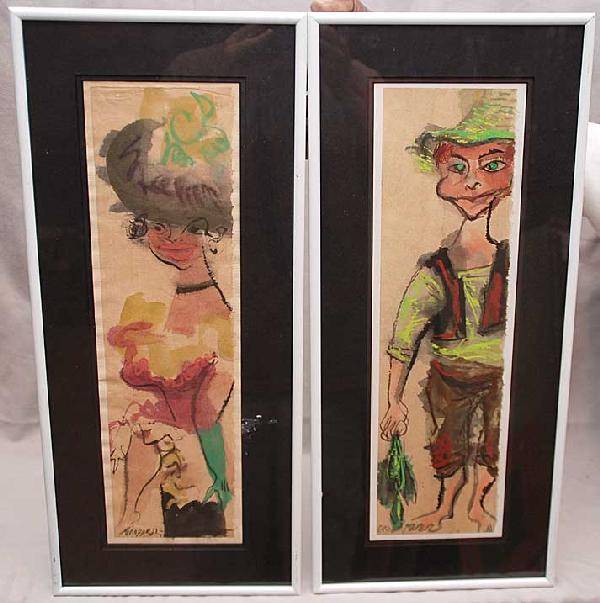 WILLIAM GROPPER (American 1897-1977). Pair of water: WILLIAM GROPPER (American 1897-1977). Pair of watercolor on paper circa 1935. "Fisher Boy & Cancan Dancer" Each signed. Nicely framed & in good condition. Sizes: 17" x 5"each