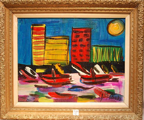 Peter Robert KEIL (German 1942) oil on canvas, New : Peter Robert KEIL (German 1942) oil on canvas, New York City along the river, 16"x20"