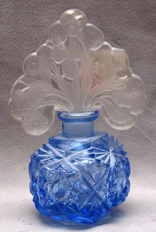 Cut blue glass Czech perfume with frosted intaglio: Cut blue glass Czech perfume with frosted intaglio stopper, 6"h