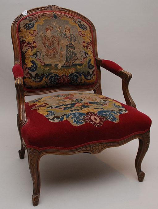 French armchair with needlepoint back and seat: French armchair with needlepoint back and seat