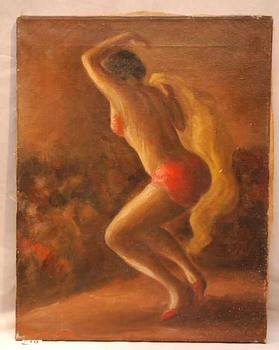 Paul Raphael Meltsner (AMERICAN, 1905-1966) oil on: Paul Raphael Meltsner (AMERICAN, 1905-1966) oil on canvas, "side show" sketch of girl on verso, 14"x18" unframed