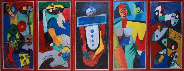 5 Paintings by Peter Robert Keil (Germany 1942- ) : 5 Paintings by Peter Robert Keil (Germany 1942- ) 4 oil on board - 1 oil on canvas, early works dated '59 abstract people, all framed separately, approx. 40"x20"each