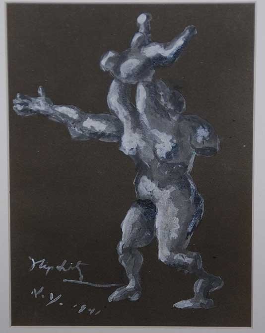 Jacques Lipchitz (FRENCH, 1891-1973) gouache on co: Jacques Lipchitz (FRENCH, 1891-1973) gouache on colored paper, mother & child, NY.1941, 8"x6"
