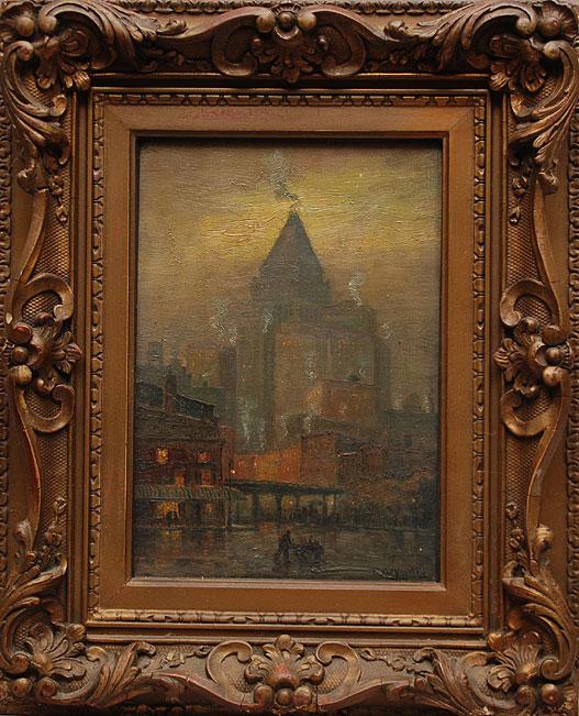 Frederick Leo Hunter (New York 1858 - 1943), "City: Frederick Leo Hunter (New York 1858 - 1943), "City Scene" oil on canvas, 10" x 8" Framed 16" x 13" dated 1918