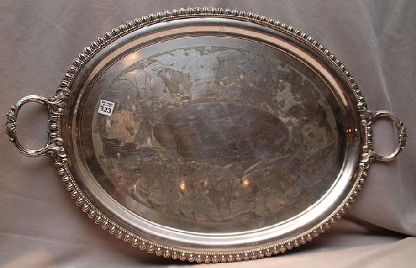 Oval silver plate tray with egg and dart rim, engr: Oval silver plate tray with egg and dart rim, engraved leaf motif, Rogers Bros, German silver, 32"w