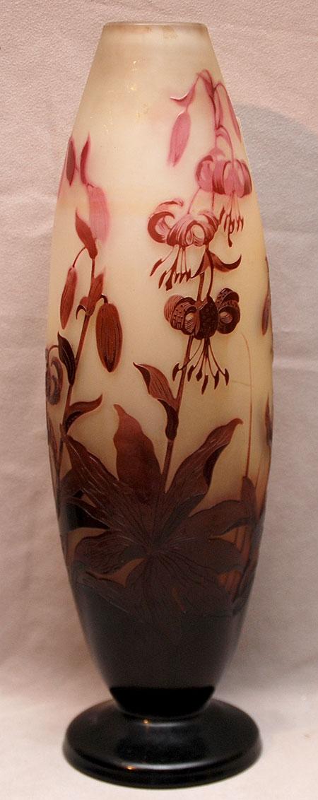 Signed Emile Galle` cameo cut purple floral vase, : Signed Emile Galle` cameo cut purple floral vase, 14 1/2"h