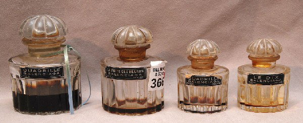 4 "Quadrille Balenciaga Paris, France" matching pe: 4 "Quadrille Balenciaga Paris, France" matching perfume bottles of different sizes