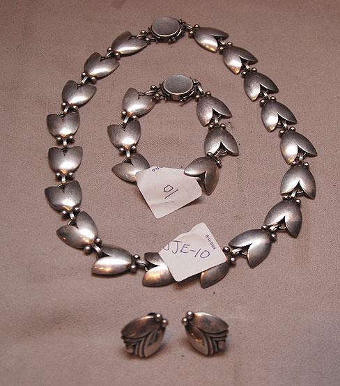 Georg Jensen sterling, Denmark "tulip" necklace, b: Georg Jensen sterling, Denmark "tulip" necklace, bracelet and earrings