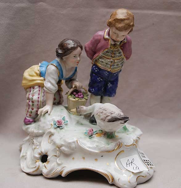 Early Capodimonte porcelain group, 2 children and : Early Capodimonte porcelain group, 2 children and goose