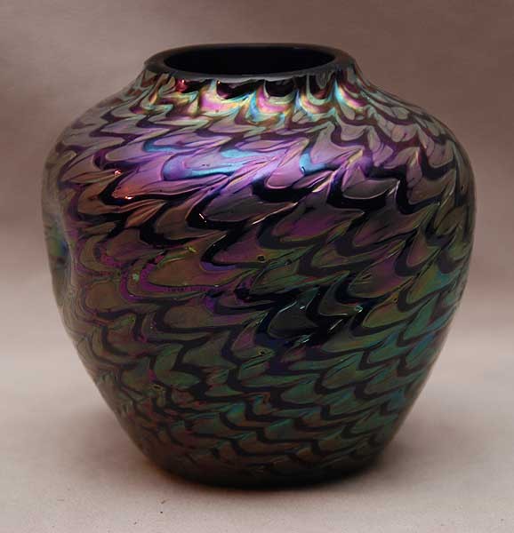 Loetz style iridescent vase, slightly pinched form: Loetz style iridescent vase, slightly pinched form, 4 1/2"h x 4 1/2"L