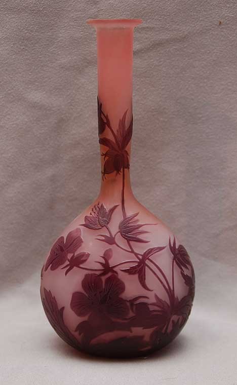 Signed Galle` Cameo art glass bud vase, purple flo: Signed Galle` Cameo art glass bud vase, purple floral and leaf on dark pink ground, H020, 7"h