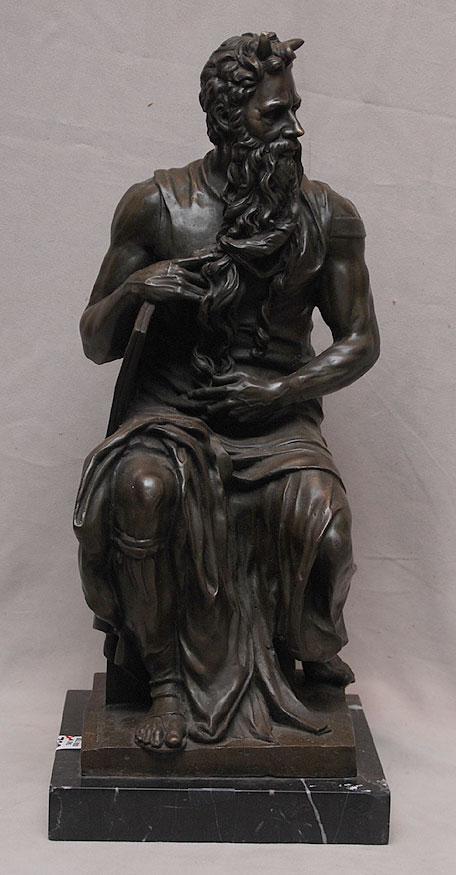 Bronze sculpture of Moses, after Michelangelo, on : Bronze sculpture of Moses, after Michelangelo, on attached marble base, 16"H x 6"L
