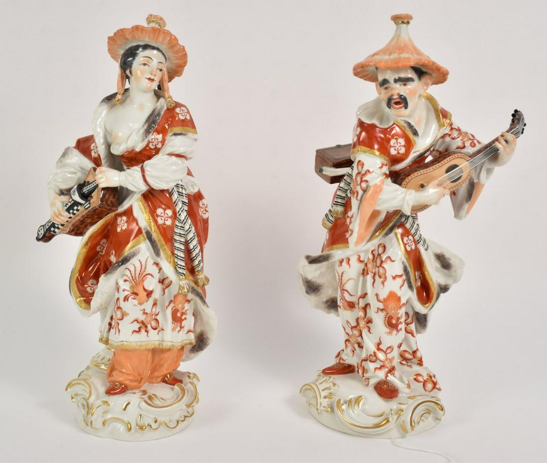 Pair of Meissen Porcelain Chinoiserie Figures - 19th: Pair of Meissen Porcelain Chinoiserie Figures - 19th Century. Meissen German porcelain male and female Chinoiserie figures in a predominantly Rust color motif. Markings: both figures are marked with c
