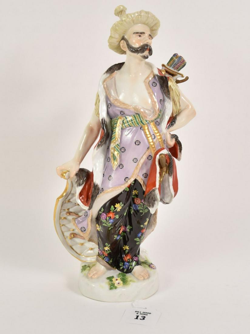 Meissen German Porcelain Male Malabar Figure - 19th: Meissen German Porcelain Male Malabar Figure - 19th Century. Crossed swords in blue underglaze, incised "823" and stamped "144". 13 3/4" H. Condition: No damage identified.