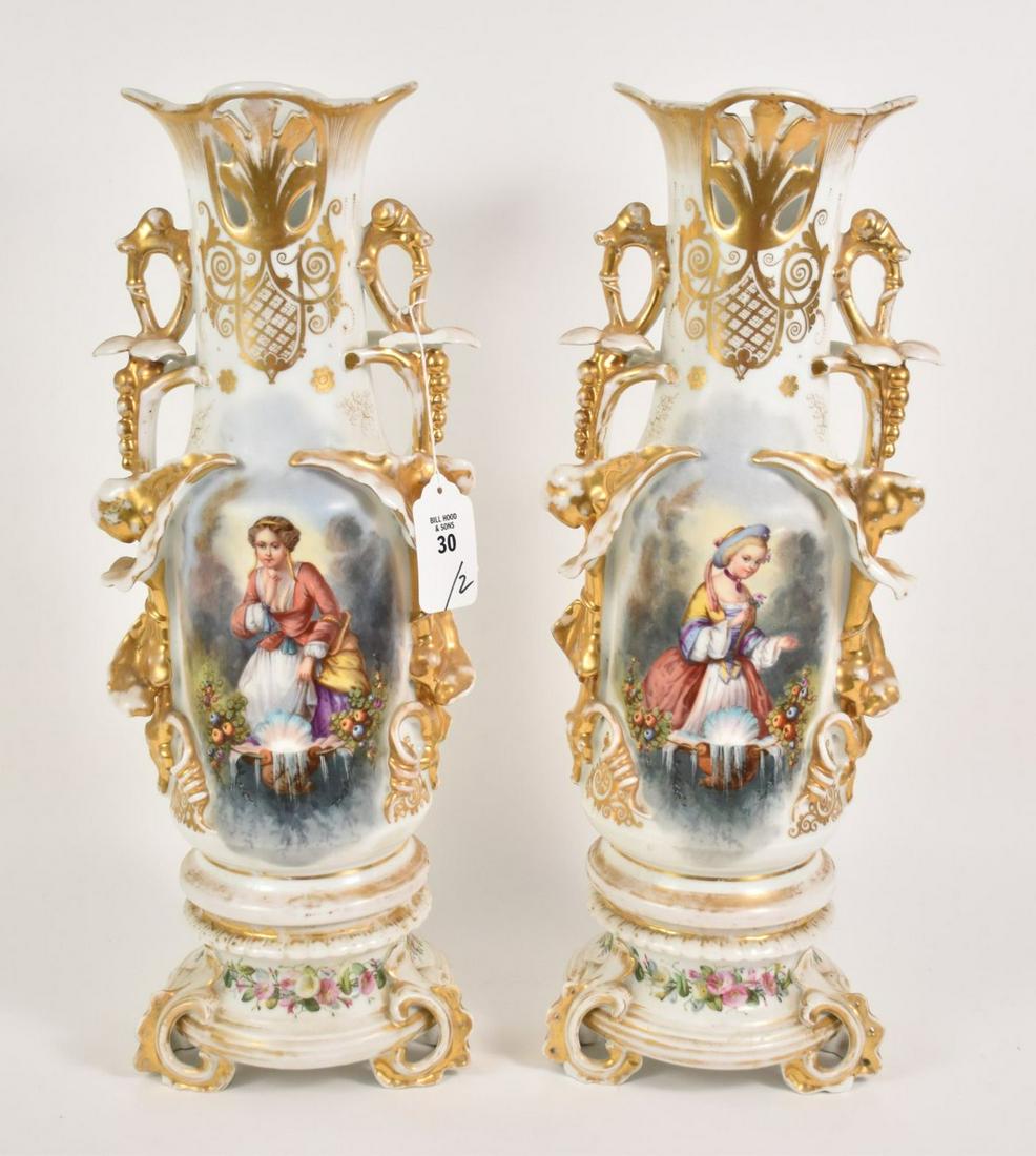 Pair Large Old Paris Porcelain Vases each with hand (1 of 11)