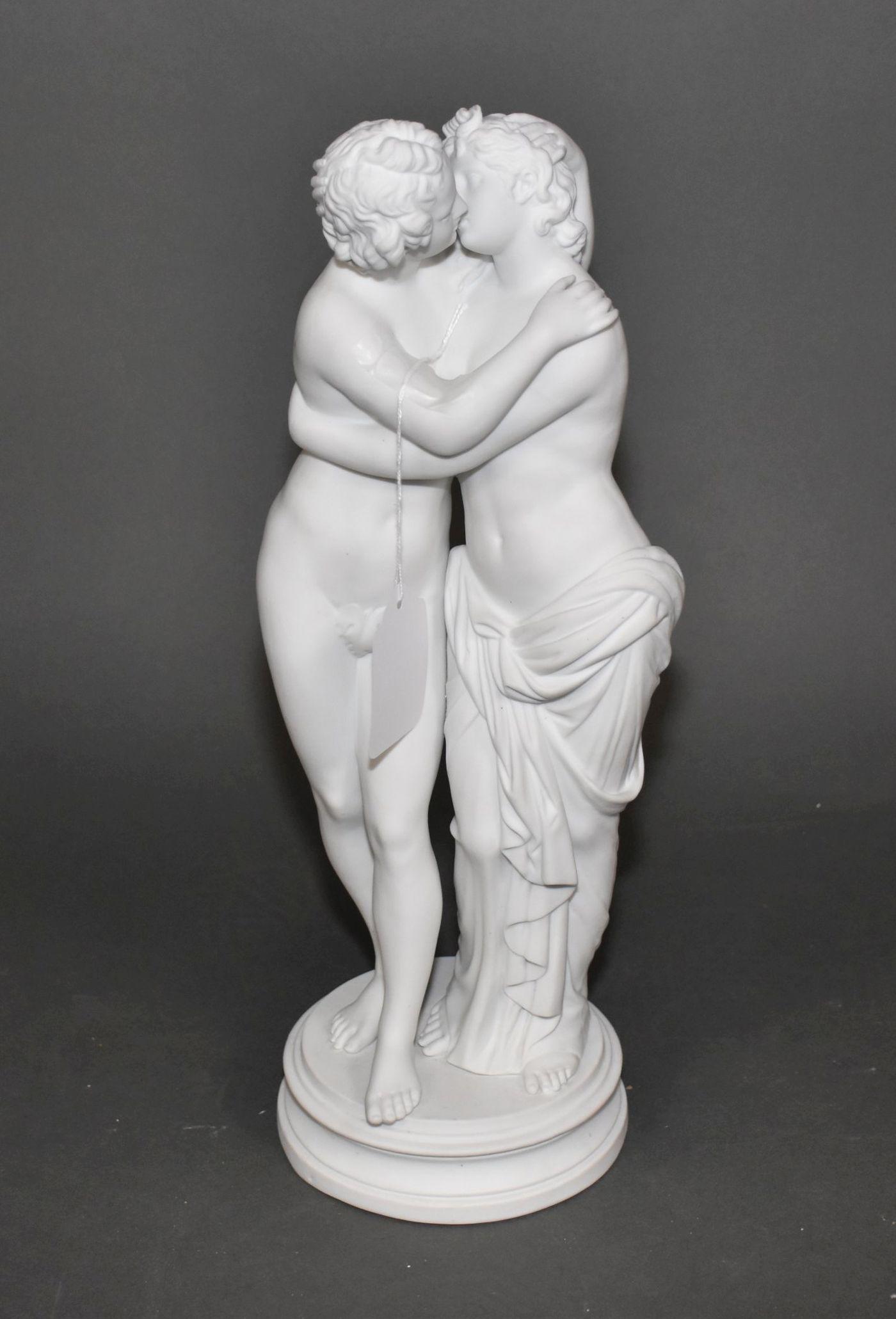 Parian Porcelain Group Romantic Scene. Condition: small: Parian Porcelain Group Romantic Scene. Condition: small losses to toes. Height 18”