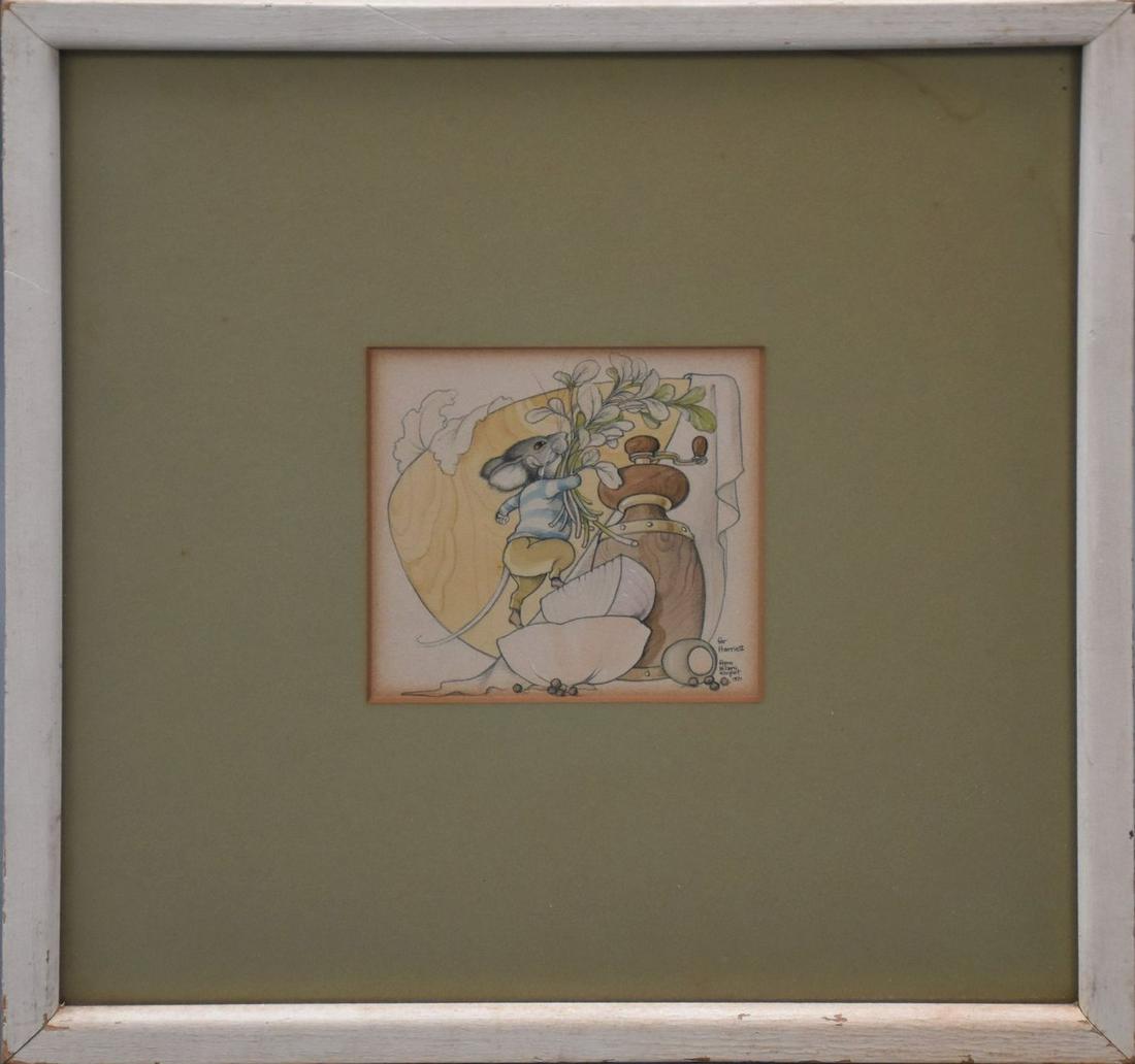 Hilary Knight (Born 1926) is active/lives in New York.: Hilary Knight (Born 1926) is active/lives in New York. Watercolor, ink and pencil, small Mouse Scene. 4-1/2 x 4-3/4 inches. Signed lower right dated 1971.