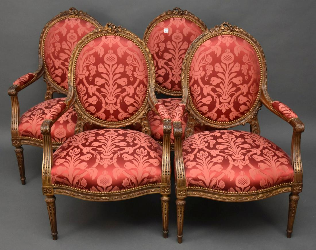 Set 4 Arm Chairs, Carved Foliate Crest, Oval Backs, Red (1 of 5)