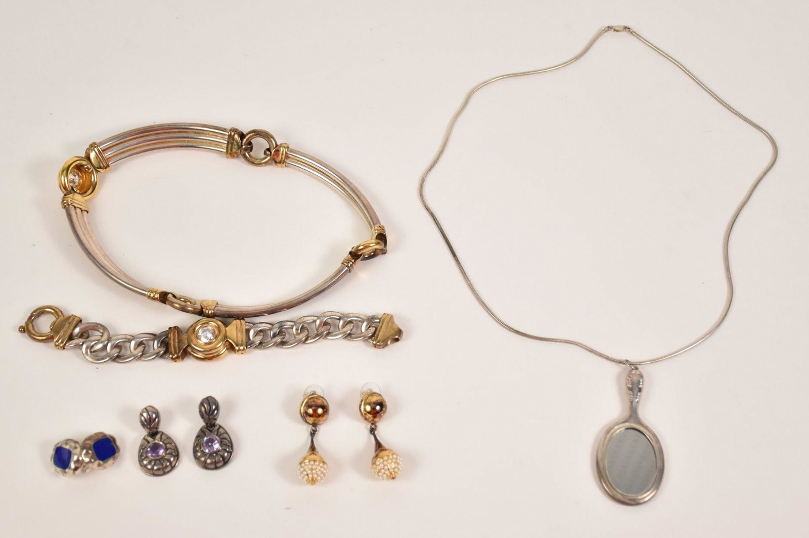 Sterling Jewelry, Choker with Stone, Bracelet: Sterling Jewelry, Choker with Stone, Bracelet (matches), Chain with Mirror Pendant and 3 pair Earrings, 7 ozt