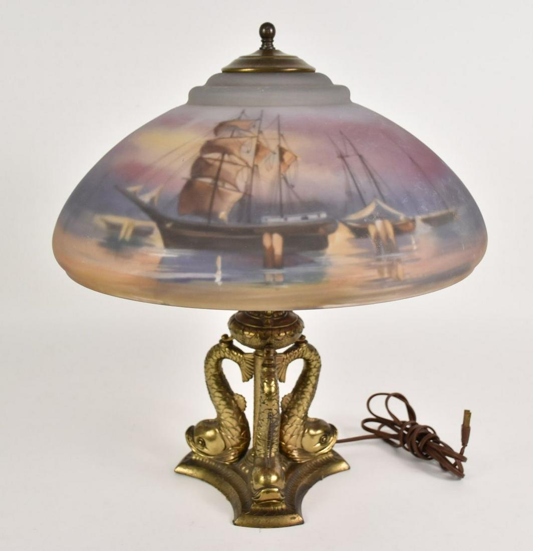 Pair Point Lamp: Reverse Painted signed shade in ship (1 of 13)