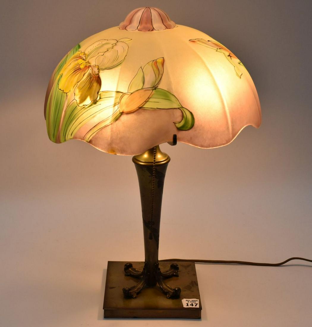 Pair Point Lamp: Reverse Painted signed shade with Iris (1 of 9)