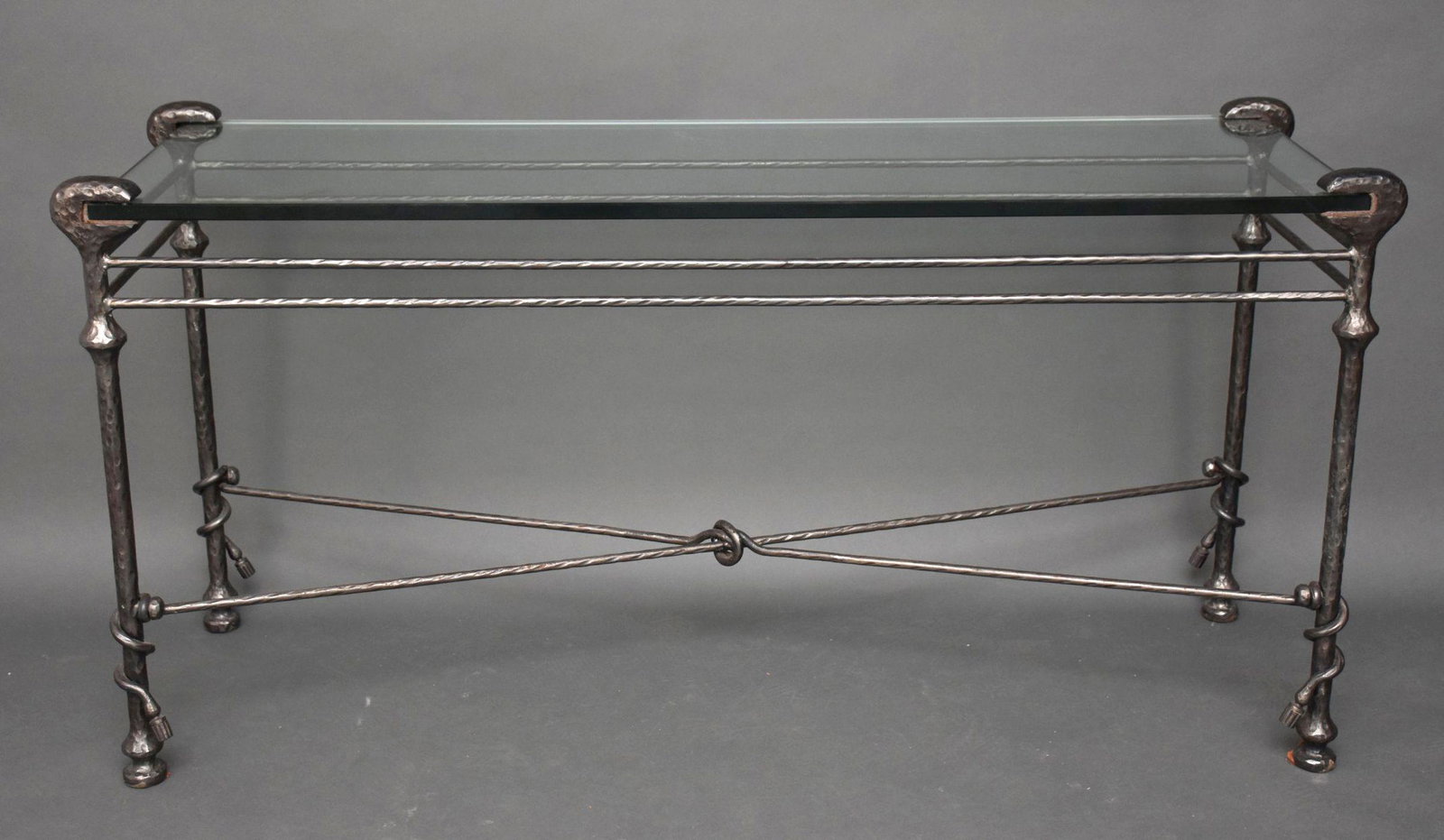 Giacometti Style Iron and glass console table.  58L x (1 of 3)