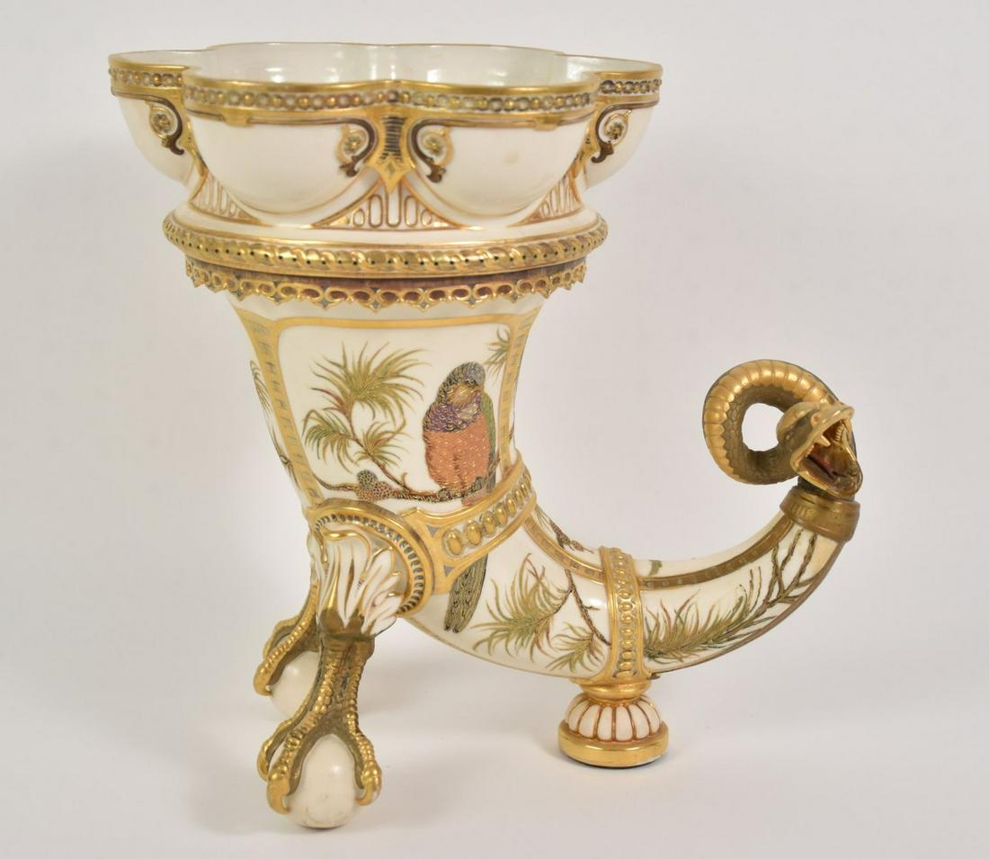 Victorian Royal Worcester Porcelain Cornucopia -: Victorian Royal Worcester Porcelain Cornucopia - Cornucopia with ornate gilt details including foliate and birds, snake head, and ball & claw feet. Marked with Royal Worcester factory marks and "P" fo