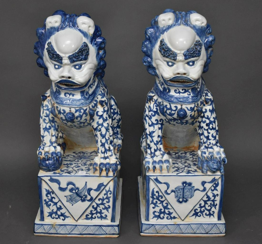 Pair of Large Chinese Blue & White Porcelain Foo Dogs - (1 of 5)