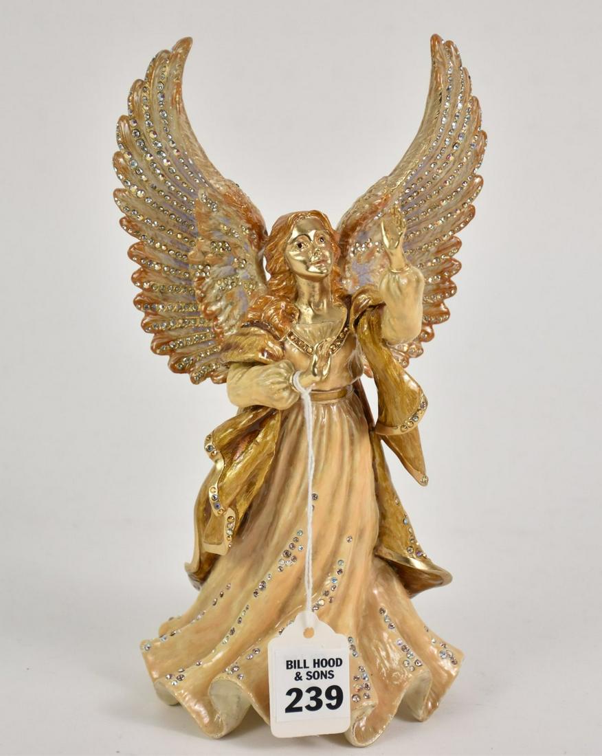 JAY STRONGWATER Rejoicing Angel Figure. The Gilded and: JAY STRONGWATER Rejoicing Angel Figure. The Gilded and enameled angel with Swarovski crystal decoration. Condition: no damage identified. Ht. 9 3/4"