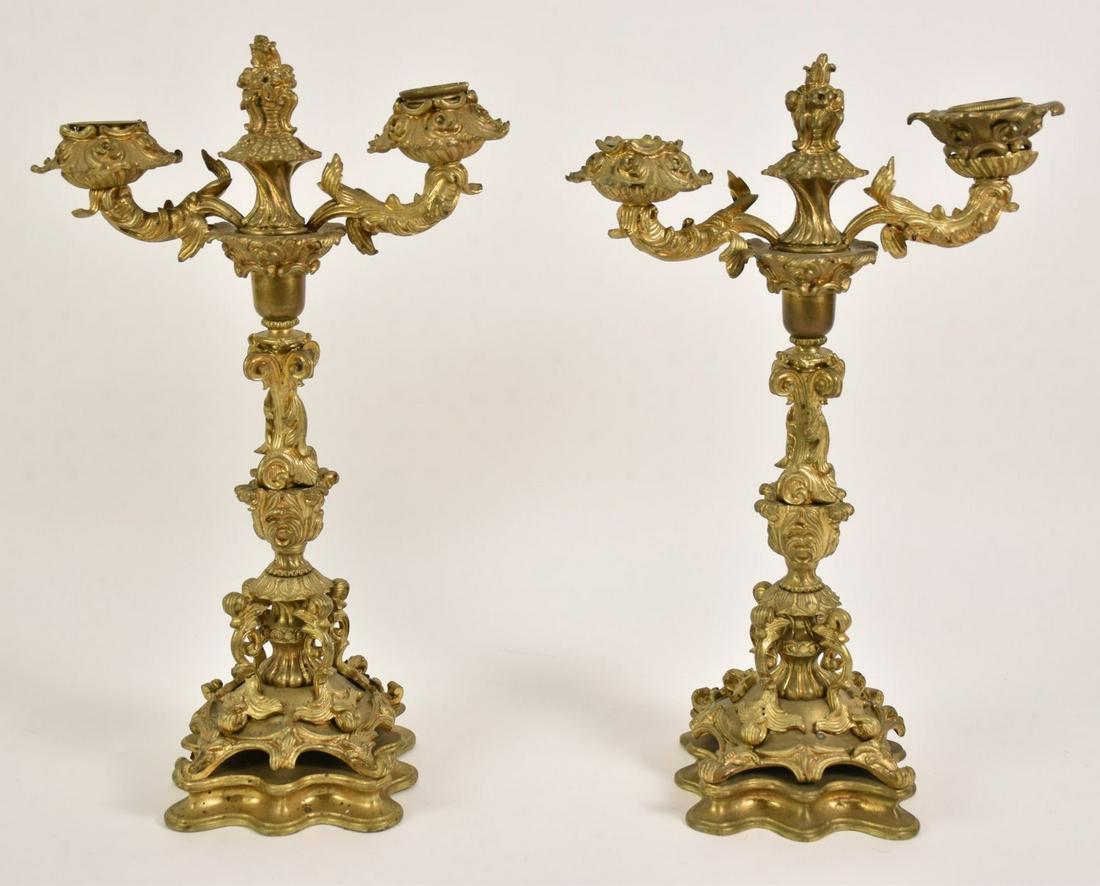 Pair Bronze Rococo Double Branch Candelabra, 14 1/2"h x: Pair Bronze Rococo Double Branch Candelabra, 14 1/2"h x 9"w