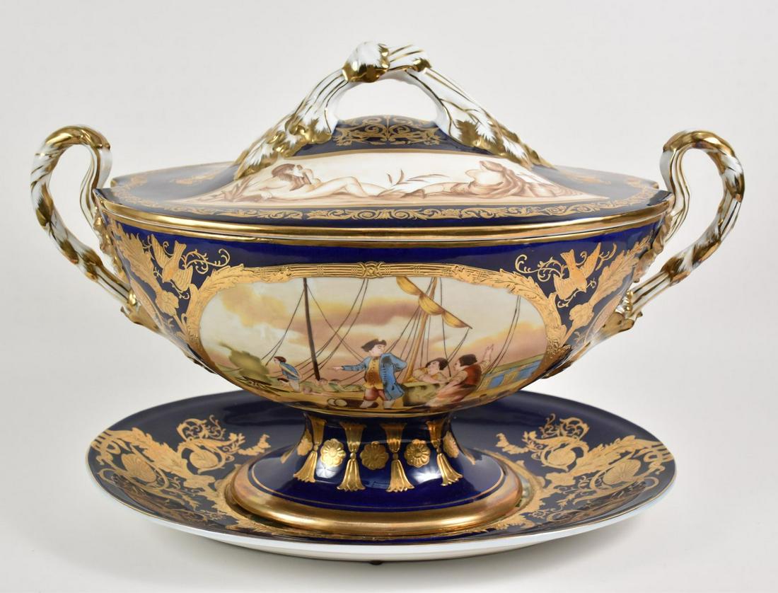 German Porcelain Oval Tureen, Lid & Liner Cobalt Blue: German Porcelain Oval Tureen, Lid & Liner Cobalt Blue with Gold Accents & Ship Scene, 14"h x 23"w