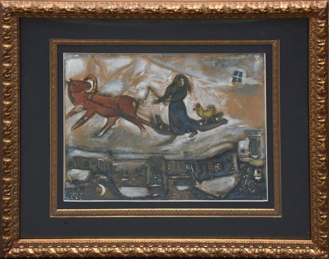 Marc Chagall (FRENCH/RUSSIAN, 1887-1985): Marc Chagall (FRENCH/RUSSIAN, 1887-1985) collotype/Pochoir THE RED HORSE, with Guy Spitzer Stamp. image size 17 x 21 inches overall w/ frame 30 x 34 inches