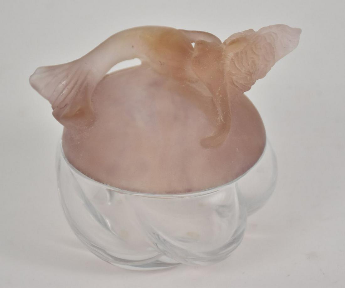 Daum France Les Sirenes Mermaid Round Trinket Box - A: Daum France Les Sirenes Mermaid Round Trinket Box - A figural mermaid round jewelry box in pink to amber pate de verre crystal. Clear crystal box bottom. Signed. With original box. Condition: No damag