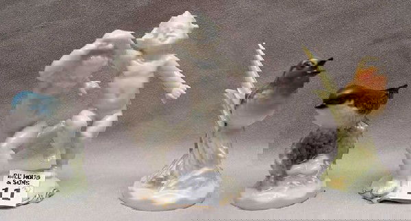 3 Hutchenreuther small figurines, 2 birds and group: 3 Hutchenreuther small figurines, 2 birds and group of 2 puttis, 3"h to 4 1/2"h