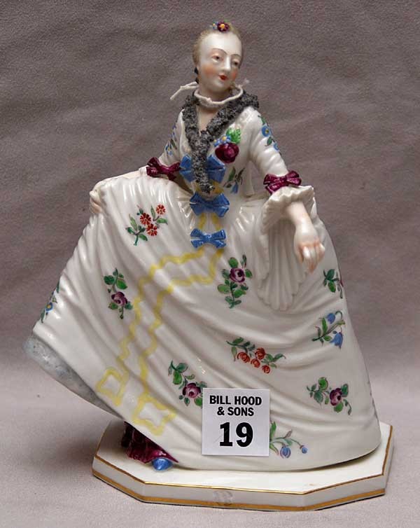 Possibly Nymphenburg porcelain figure of aristocrat: Possibly Nymphenburg porcelain figure of aristocrat in gown & coiffed, 7"h