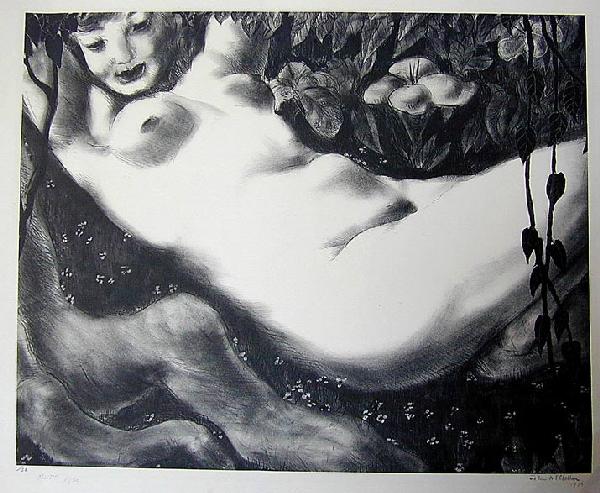JOHN MCCLELLAN (NY 1908-1986) NUDE LITHOGRAPH A low: JOHN MCCLELLAN (NY 1908-1986) NUDE LITHOGRAPH A low edition of 50, pencil signed/#'d litho by American artist John Ward McClellan, dated 1936 showing a young nude lady against a forest ground w/ hangi
