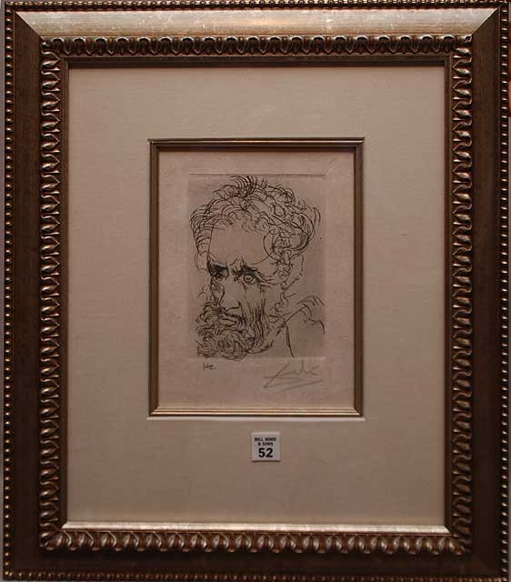 SALVADOR DALI (Spanish 1904-1989). Fine drypoint et: SALVADOR DALI (Spanish 1904-1989). Fine drypoint etching of Michelangelo on Japon paper. Hand signed in pencil and numbered HC (Hors Commerce). Approximate paper size: 10" x 7.5" and 7" x 5" for the e
