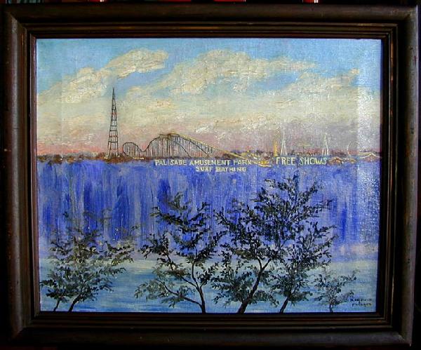 MANSFIELD C. FULDNER (American, 1901-1995) OIL ON: MANSFIELD C. FULDNER (American, 1901-1995) OIL ON CANVAS An early 20thc WPA style painting depicting a vintage panoramic view of Palisade Amusement Park with roller coaster and The Palisades in full f