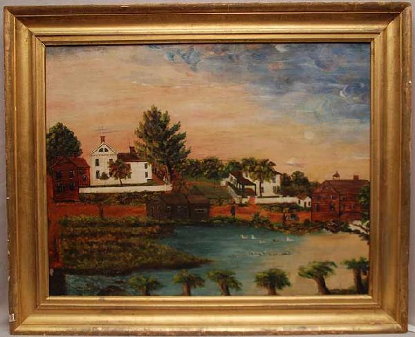 19th Century American School, oil on canvas, Amish: 19th Century American School, oil on canvas, Amish Primitive Farm Scene, relined, 22"x28"