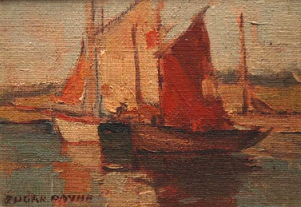 Edgar Alwin Payne (AMERICAN, 1883-1947) oil on ca: Edgar Alwin Payne (AMERICAN, 1883-1947) oil on canvas board, "Fishing Boats", approx. 5"x7" signed Edgar Payne LL, Provenance Friend of artist / Philip Ilsley / letter in envelope attached to verso se