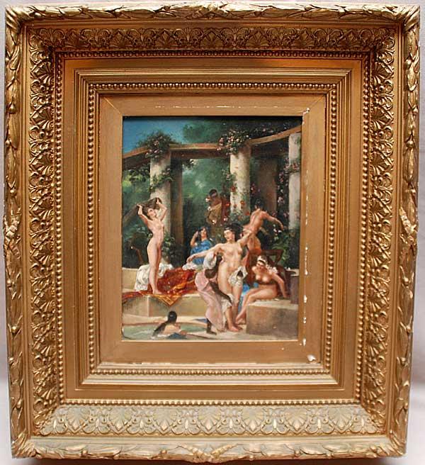 Attributed to Gustave Clarence Rodolphe Boulanger: Attributed to Gustave Clarence Rodolphe Boulanger (FRENCH, 1824-1888), a summer bath at Pompeii, oil on canvas, 8"x10" restoration
